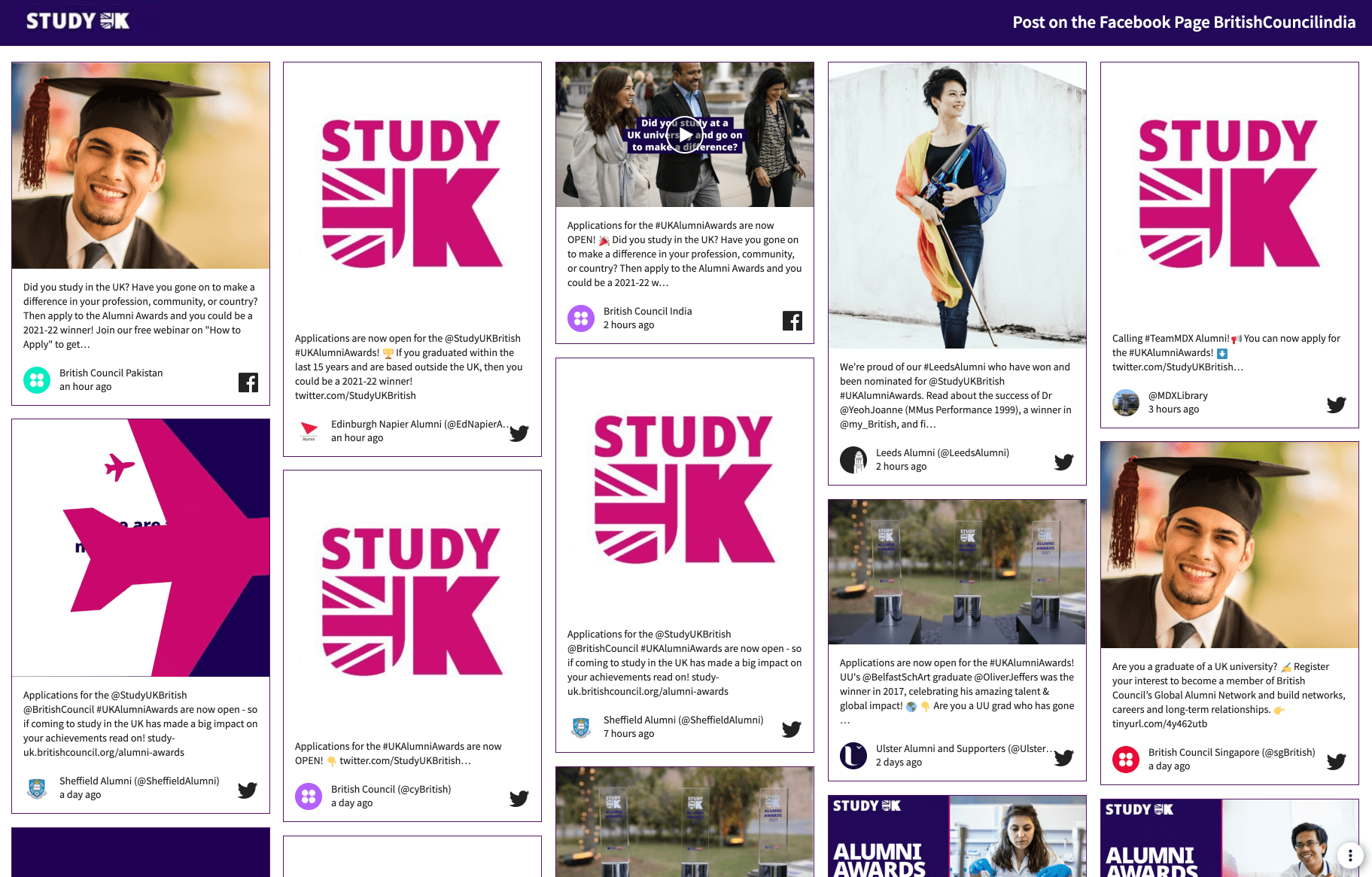A student achievement display highlighting alumni achievements for the British Council’s Study UK Alumni Awards, featuring user posts and event promotions.