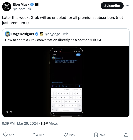 Elon Musk announcing the acess to Grok to premium users on a tweet.