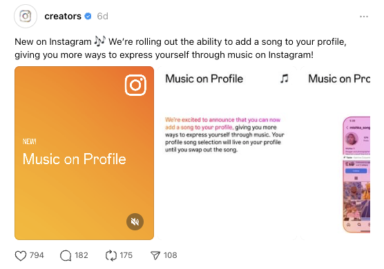 Announcement of Instagram's profile music feature.