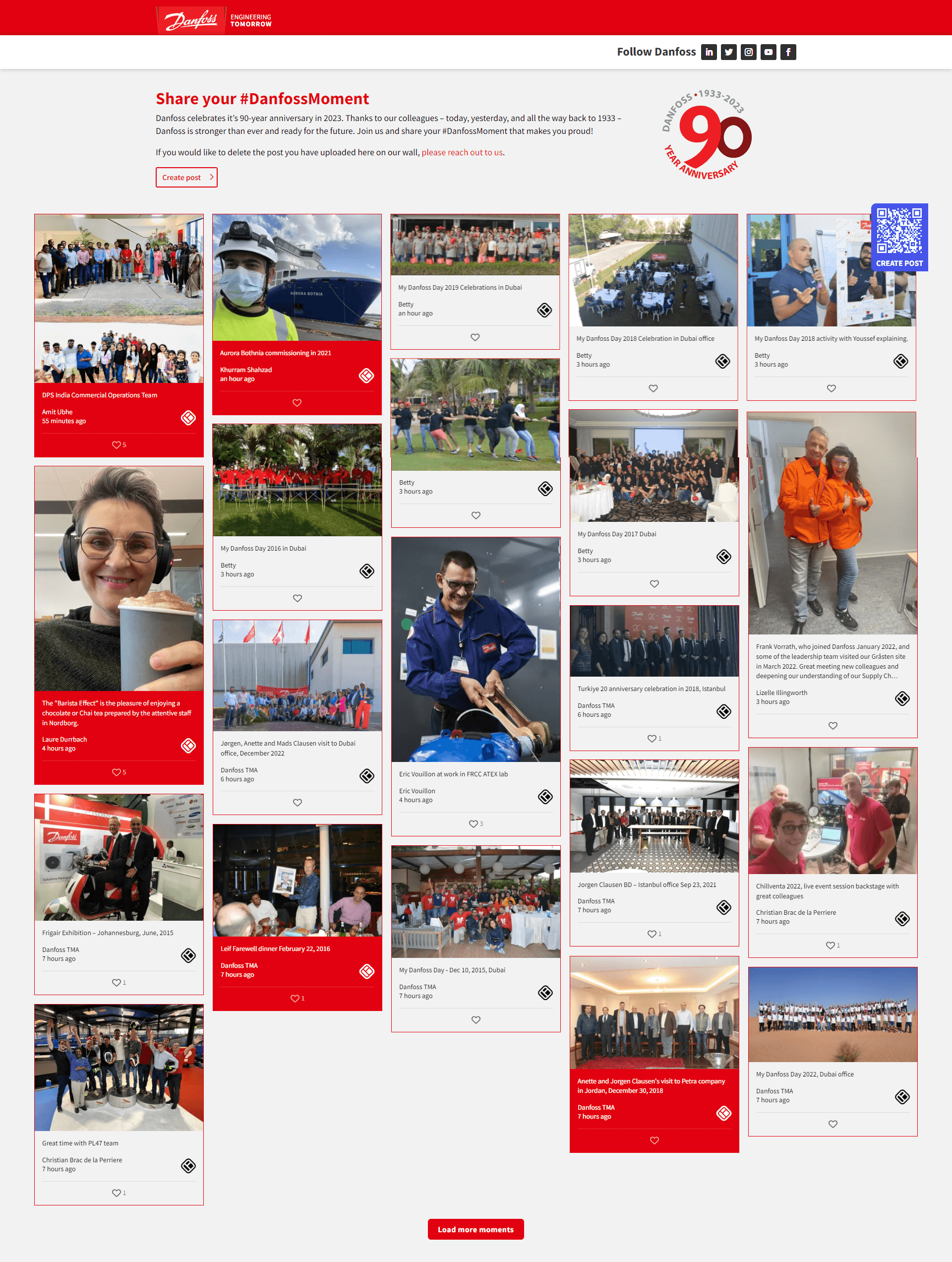 Danfoss social wall for the 90-year anniversary by Walls.io showing direct posts from employees