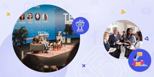 Two circles with images of a conference and attendees networking representing different event format ideas.