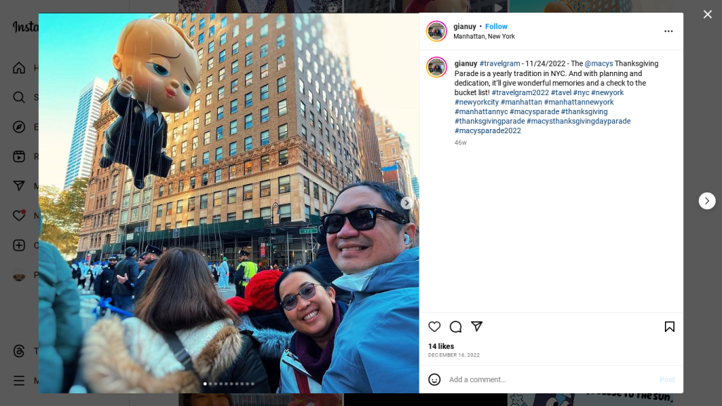 Instagram selfie showing the Macy's Thanksgiving Day Parade