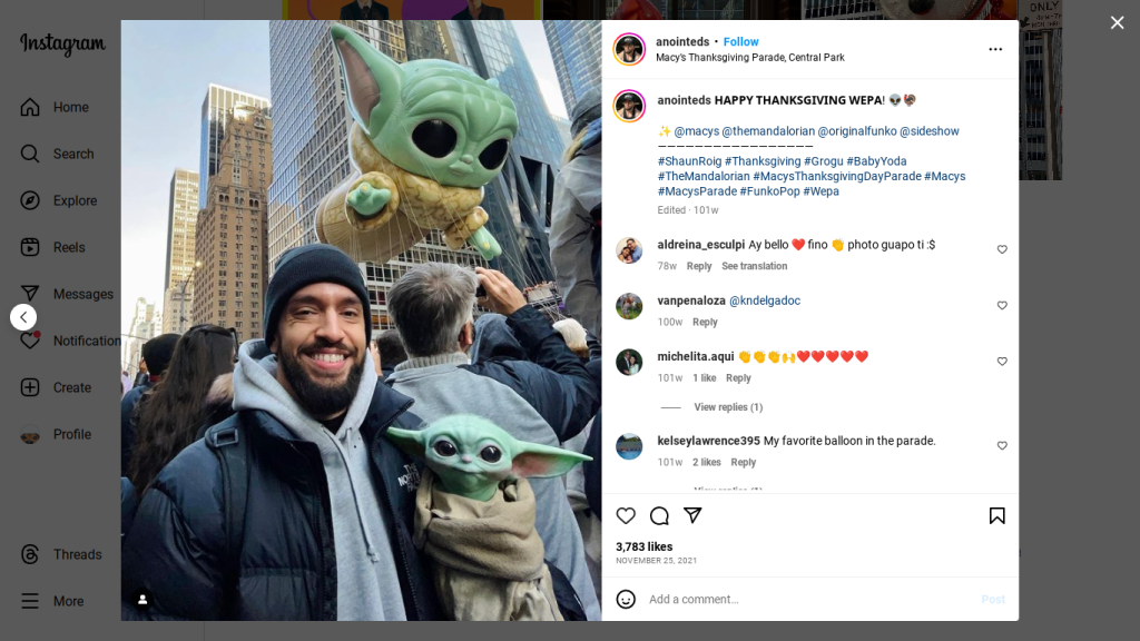 Instagram selfie showing the Macy's Thanksgiving Day Parade