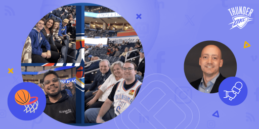 This image is a graphic collage featuring elements associated with the Oklahoma City Thunder basketball team.
