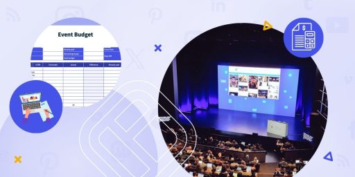 A graphic collage showcasing an event budget template on the left and a photograph of a conference audience facing a large presentation screen on the right, overlaid with social media icons and a document icon indicating budgeting tools.