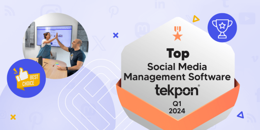 A promotional graphic for Tekpon, presenting Walls.io as a top choice for social media tool in Q1 2024, featuring a circular inset photo of two people high-fiving in an office setting, flanked by various social media icons and accented with award and 'best choice' badges. The design incorporates a hexagonal motif with the Tekpon logo and orange, blue, and grey color scheme.
