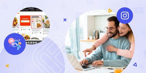 This image is a promotional graphic illustrating the integration of an Instagram widget on a website. It shows a website page from Kikkoman with various social media icons and a happy couple interacting with a laptop, presumably browsing the social media content.