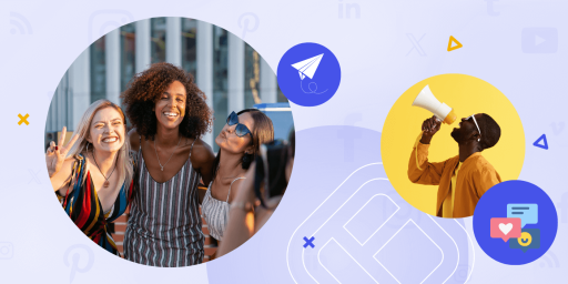This image features a vibrant promotional graphic for social media with two sections: one showing three joyful women of different ethnicities posing together, and the other showing a man speaking into a megaphone, all set against a background decorated with social media icons and abstract shapes.