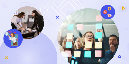 This image shows a split scene with two women organizing registration papers at a desk on the left, and a group of professionals placing sticky notes on a glass wall during a brainstorming session on the right, illustrating active engagement in event planning and execution.