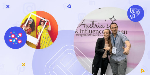 Featured image for the experiential events blog post showing social media like icons as well as two photos of attendees posing happy. The Walls.io social wall logo can be spotted in the background.