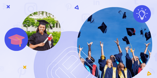 The image features a joyful graduation scene: on the left, a smiling graduate in cap and gown holds her diploma, while on the right, a group of graduates celebrate by tossing their caps into the blue sky. Perfect for those looking for graduation ceremony ideas, this image captures the excitement and achievement of graduation day.