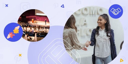 Two women shaking hands in agreement, and an image of a full event, alluding to how to get sponsors for an event.