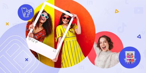 A collage featuring two smiling women holding a large Instagram frame, alongside another woman cheerfully posing for a selfie. Icons of various social media platforms surround them, illustrating an engaging and interactive atmosphere ideal for a UGC campaign.