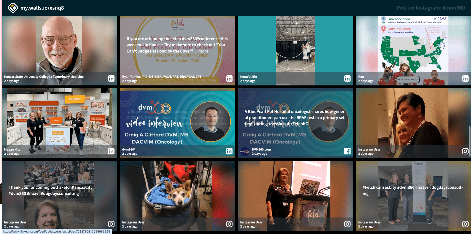 A collection of posts from the dvm360 channels featuring speakers, exhibitors, and attendees sharing highlights, educational sessions, and networking moments from the Fetch KC event.