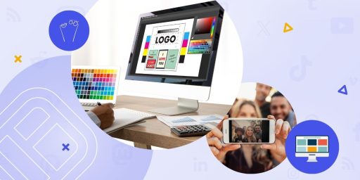 The process of creating a brand with colors, logo and style in a computer screen, next to it a goup of people taking a selfie, simulating a branded photo booth.