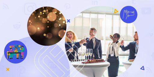 People at a corporate event raising glasses for a toast, with graphical overlays featuring icons of a camera and group collaboration.