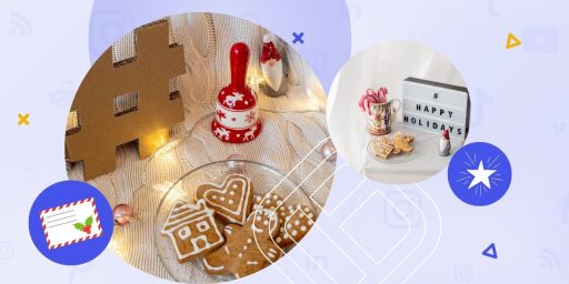 A festive arrangement of gingerbread cookies, holiday decorations, and a sign with "#HappyHolidays" conveys a warm and inviting theme. This image serves as a cheerful backdrop for holiday marketing campaigns, highlighting the cozy, celebratory atmosphere of the season.
