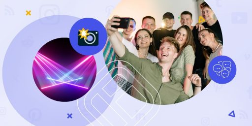 A group of people taking a selfie at a social photo booth at an event.