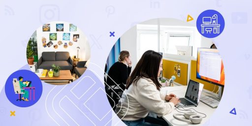 A modern office environment showcasing workplace accessibility with ergonomic workstations, collaborative desk setups, and a cozy lounge area designed for relaxation and informal meetings.