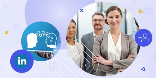 Experts dressed formaly standing at an office, next to them the LinkedIn logo.