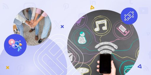 social media integration represented with a mobile phone and many icons around it, and a group of people putting their hands together.