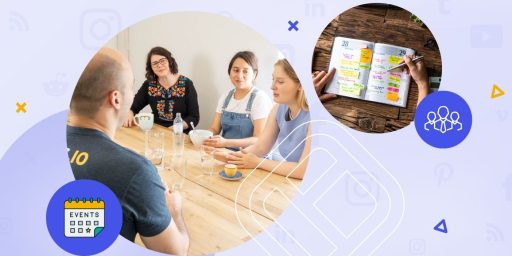 A group of people gathered and a notebook with dates markek, illustrating corporate event planning.
