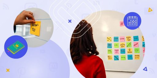 A person standing in front of a white board with many post-its and keywords written on them as part of an event planning guide setup.