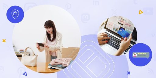 A woman takes a photo of clothing for online sharing, while another person shops on a laptop—illustrating consumer generated marketing through reviews and social media content.