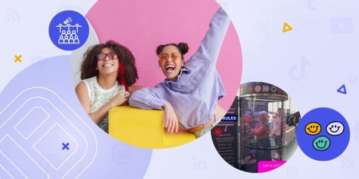Fun ideas for events represented with two kids sitting on big blocks and an flying ball pod at an event.