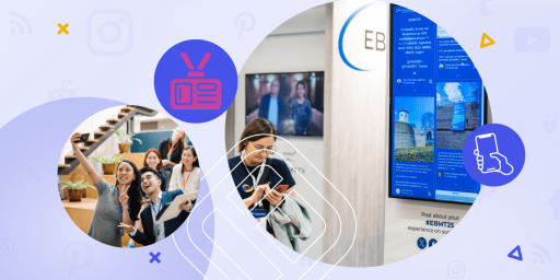 Event attendees using phones and taking selfies near an interactive social wall displaying live posts with #EBMT25, highlighting social media engagement.