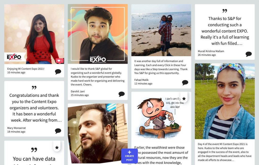 A vibrant example of social walls in action at S&P Global’s MI Content Expo, featuring employee selfies, quotes, and shoutouts. The social wall showcases how virtual events can foster real-time engagement and community across a global workforce.