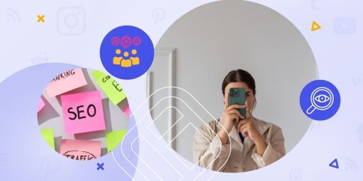 A woman taking a photos and a post-it with the word SEO written, implying UGC SEO.