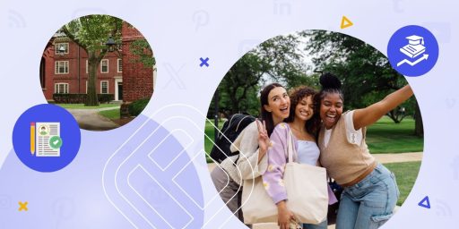 Smiling college students on campus, surrounded by marketing icons and a university building, representing higher education marketing.