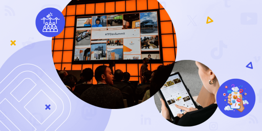 Attendees watch a massive event screen displaying a vibrant social wall featuring user-generated posts tagged with #TFDevSummit. A close-up shows someone curating similar content on a tablet, highlighting the real-time engagement power of social walls at live events.