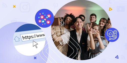 People taking a selfie as user-generated content, next to it a link being typed, symbolizing a social media widget.