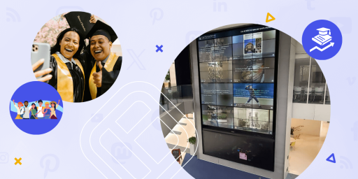 wo students in graduation gowns take a celebratory selfie, alongside a digital campus display showing student-generated content.