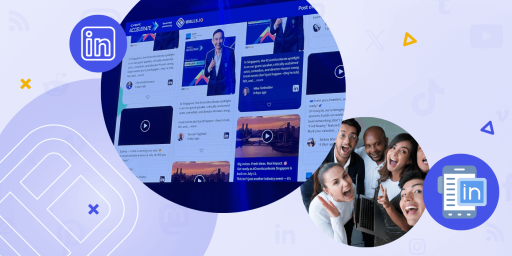 A social wall screen used at an event to display LinkedIn posts from attendees, shown alongside LinkedIn icons and a group of smiling people holding a laptop.
