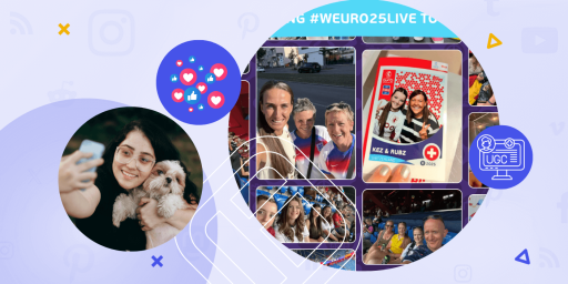 A collage of user-generated social media posts showing fans at a sports event, including selfies and custom trading card-style graphics. The design highlights how organizations collect and showcase UGC through hashtags, social walls, and live event displays.