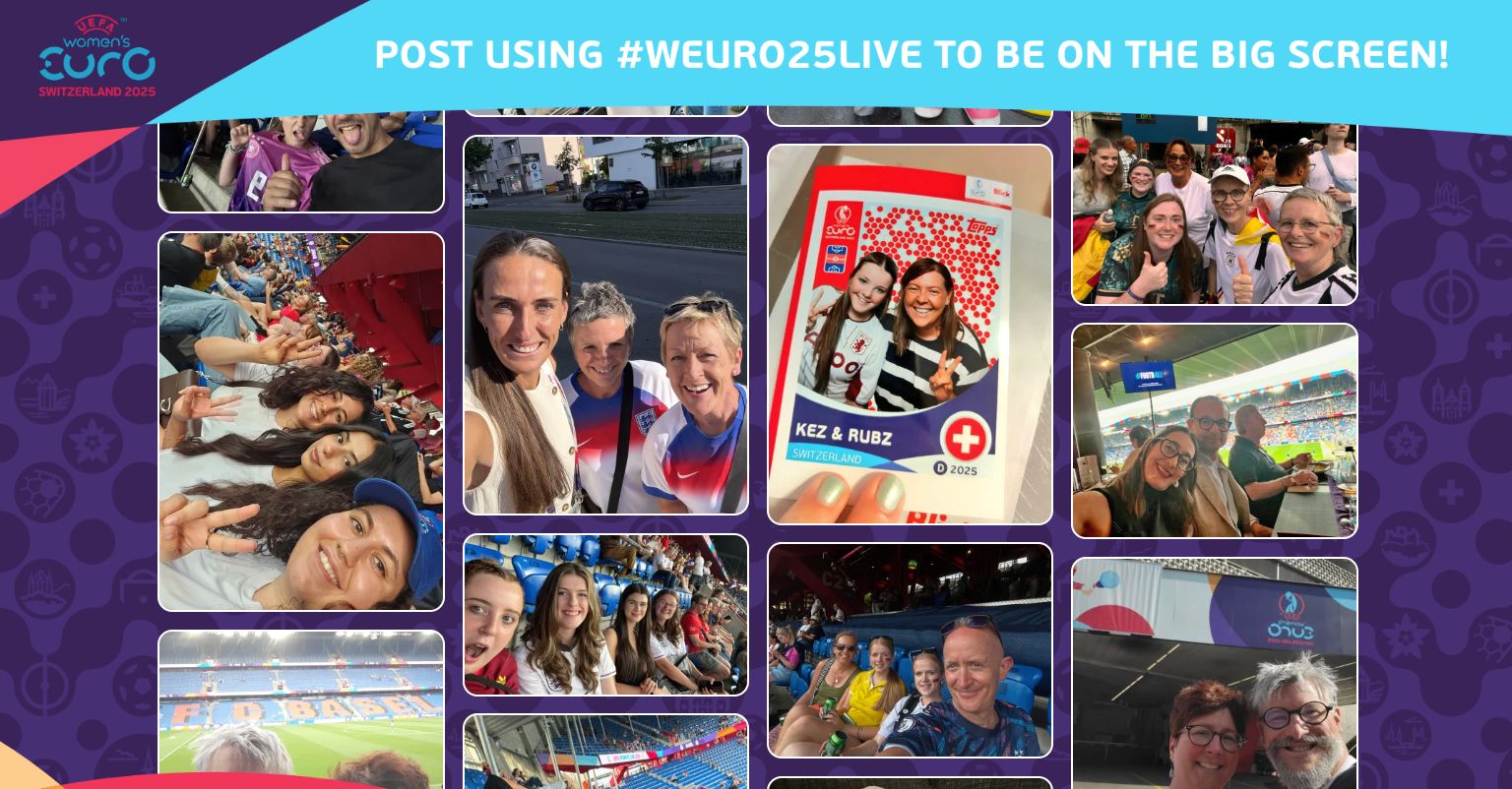 A fan collage with user generated social media content shown on a digital screen at the UEFA Women’s EURO 2025 in Switzerland, featuring smiling spectators, selfies, and supporter moments. A banner invites attendees to post using #WEURO25LIVE to appear on the big screen—powered by a dynamic social media widget that showcases real-time fan engagement.