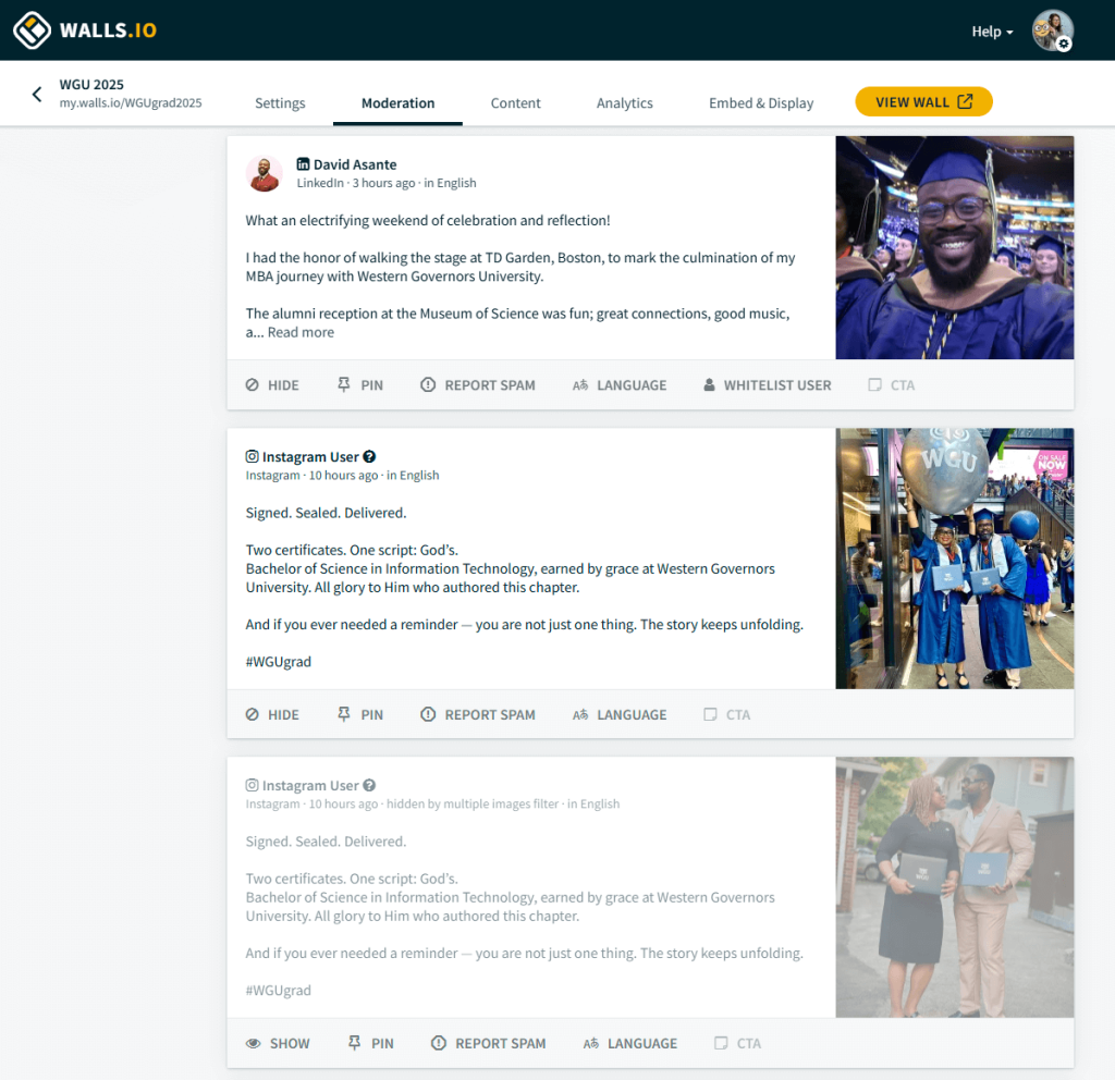 Graduation-themed student achievement display featuring celebratory posts and images from Western Governors University graduates in caps and gowns.