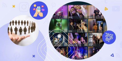 Multiple photos of attendees taking fun selfies and networking displayed on a social wall. Next to it multiple icons of people standing in a circle, meaning socializing and networking.