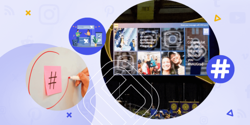 A digital social wall at a graduation event displaying hashtagged social media posts from attendees, surrounded by visual elements like hashtags and icons representing social media platforms.