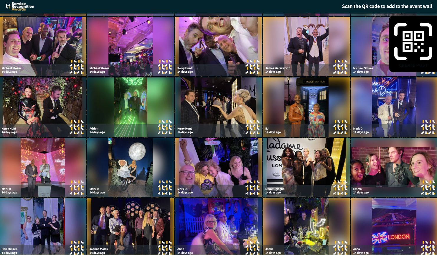 Multiple photos of attendees taking fun selfies and networking displayed on a social wall; an example of social aggregation boosting networking.