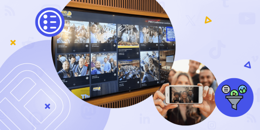 A digital display shows a curated social wall with photos from a conference, while a group of people poses for a selfie using a smartphone in the foreground.