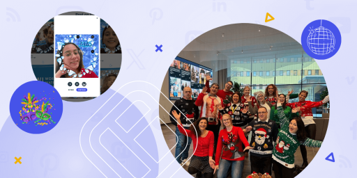 Office holiday party ideas. Employees wearing festive holiday sweaters pose cheerfully in an office decorated for a Christmas party, with a social wall displaying event photos in the background.