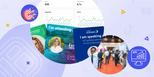 Collage showing event marketing visuals, analytics dashboards with engagement stats, speaker and attendee badges from events, and a trade show scene, representing event KPIs and social media performance tracking.