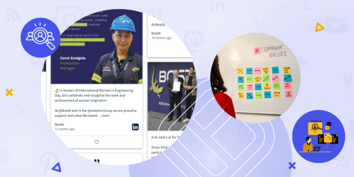 Collage showing employee recognition and company culture visuals, including a social media post celebrating women in engineering and a board with colorful sticky notes labeled company values.