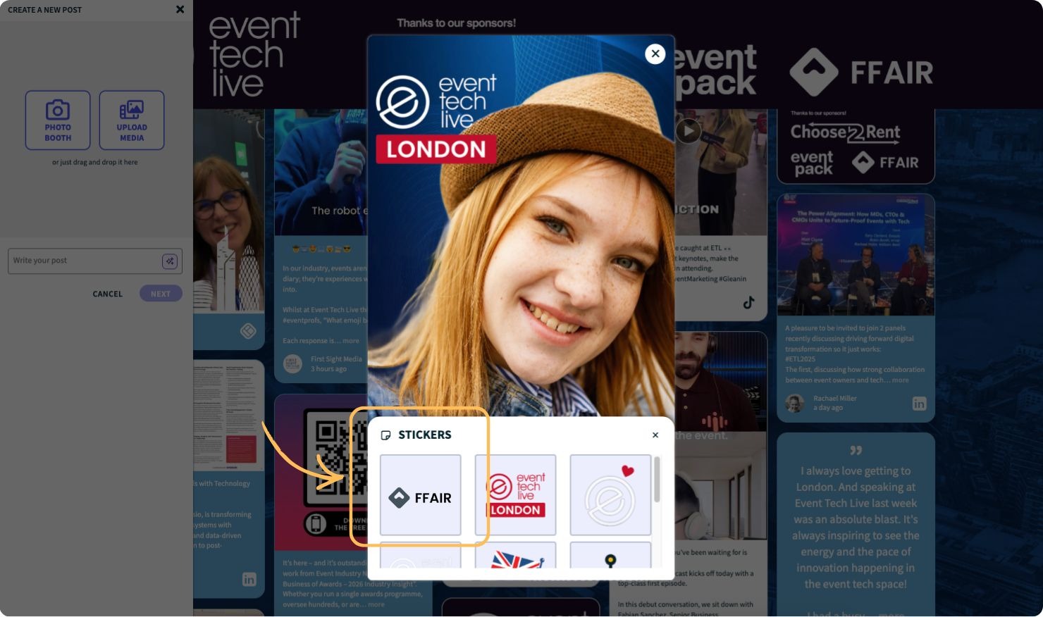 Digital photo booth on a social wall featuring the logo of a sponsor in the stickers.