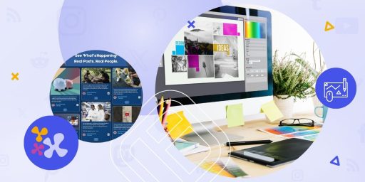 A person on a desktop computer choosing colors for a design, representing the social wall design.