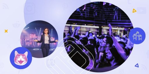 Audience participation represented through a talk show and a crowd.
